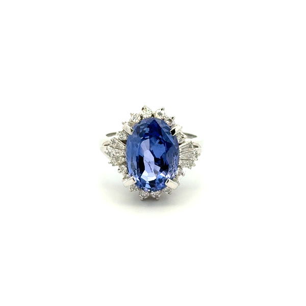 Closeup photo of Platinum 6.71ct Oval Purple Sapphire & .51tcw Baguette & RBC Diamond Ring 9.2g, s6