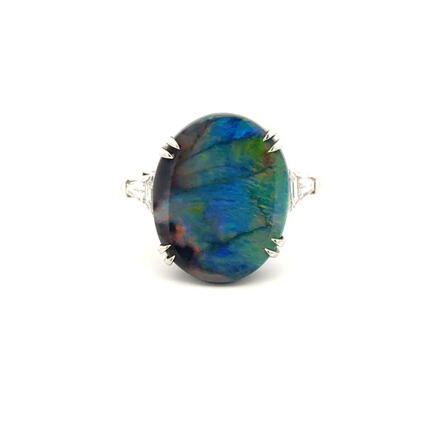 Closeup photo of Platinum 11.75ct Black Opal & .80tcw Shield Cut Diamond Ring 10.7g, s6.5