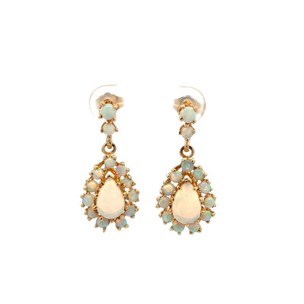 Closeup photo of 14K YG 2.00tcw White Opal Cluster Drop Earrings 5.8g, 1.1"
