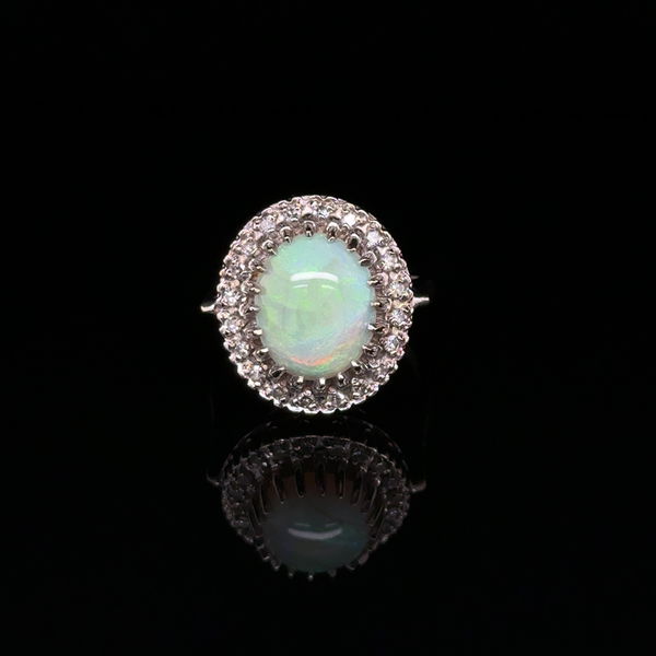Closeup photo of 14K WG Mid Century 2ct White Opal & .20tcw Diamond Ring 6.4g, s7
