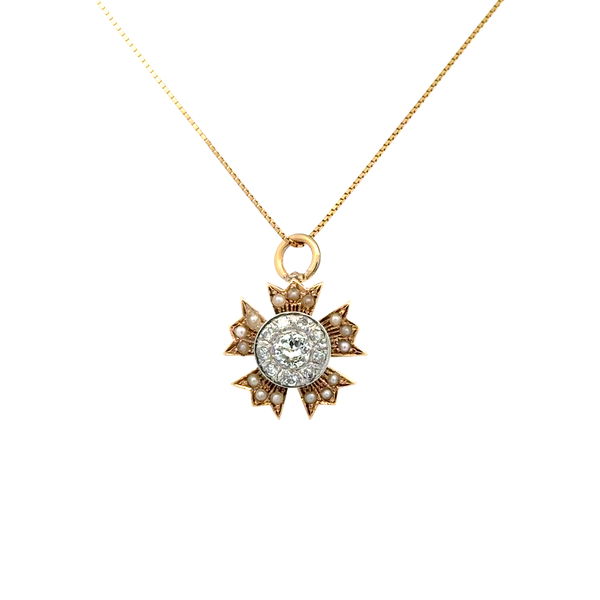 Closeup photo of 14K YG Victorian .37tcw OEC Diamond & Seed Pearl Five Petal Flower Pendant Necklace 5.2g,