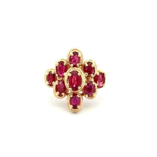 Closeup photo of 14K YG Domed 1.85tcw Ruby Cluster Step Ring 7.4g, s7