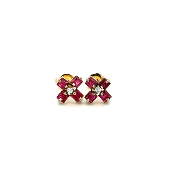 Closeup photo of 14K YG .40tcw Square Ruby & .02tcw Diamond Cross Style Earrings 1.7g