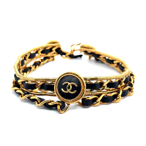 Closeup photo of CHANEL Gold Plated Choker Necklace with Black Leather Double C 108.5g, 13.5"