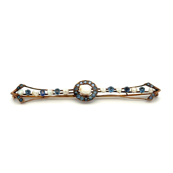 Closeup photo of 9K RG Victorian Natural Pearl & 2.75tcw Natural Sapphire Long Brooch 5.5g, 3.30"