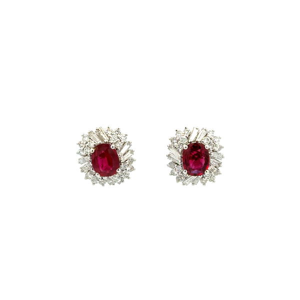 Closeup photo of Platinum 1.68cw Oval Ruby & 1.01tcw Baguette & Round Diamond Stud Earrings 4.6g