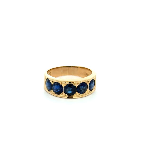 Closeup photo of 18K YG Vintage 2.26tcw 5 Sapphire 7mm Band Ring 4.3g, s6