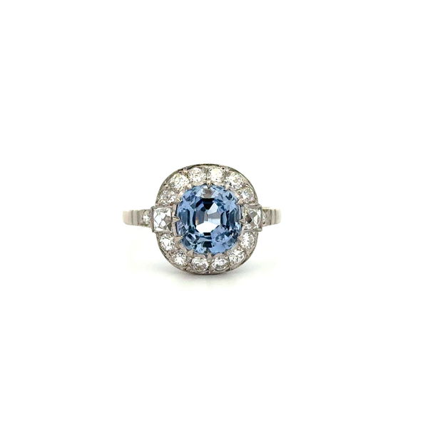 Closeup photo of Platinum 2.84ct NO HEAT Cushion Sapphire GIA & .97tcw French & Round Diamond Filigree Ring 5.2g, s7.25