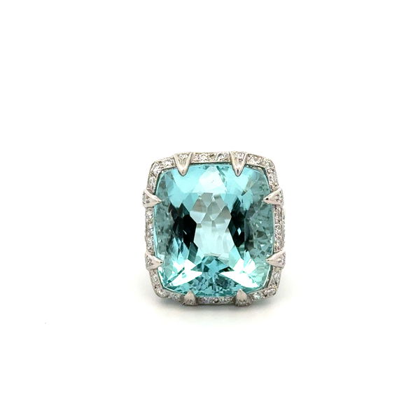 Closeup photo of Platinum 28.65ct Aquamarine & .85tcw OEC Diamond Ring 14.1g, 7.25
