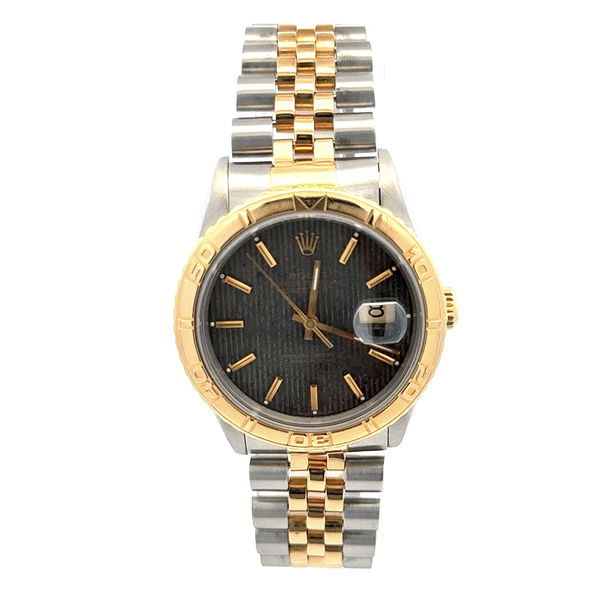 Closeup photo of ROLEX 36mm DATEJUST Thunderbird 16233 18K Yellow Gold & Stainless Steel Gray Stripe Dial Watch Jubilee E720735, c1900, Service 1/26