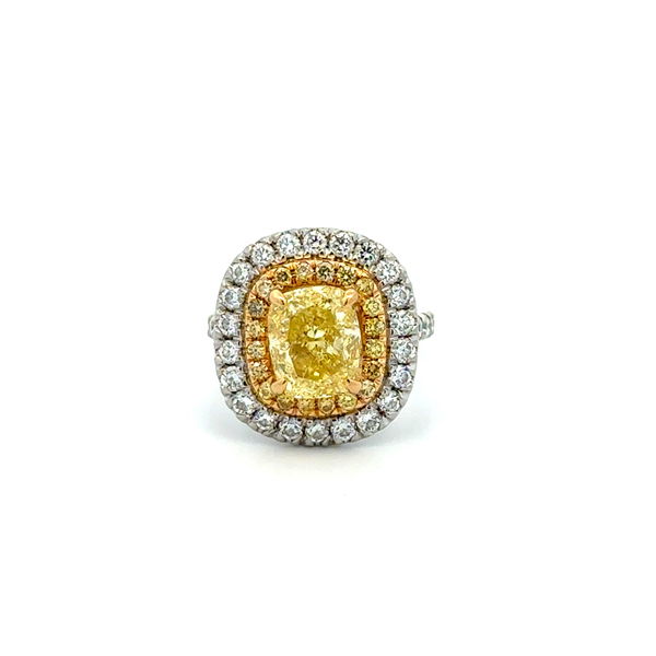 Closeup photo of Platinum & 18K 3.01ct Cushion Fancy Intense Yellow Diamond GIA & .27tcw Yellow & 1.12tcw Diamond Ring 12.7g, s4.5