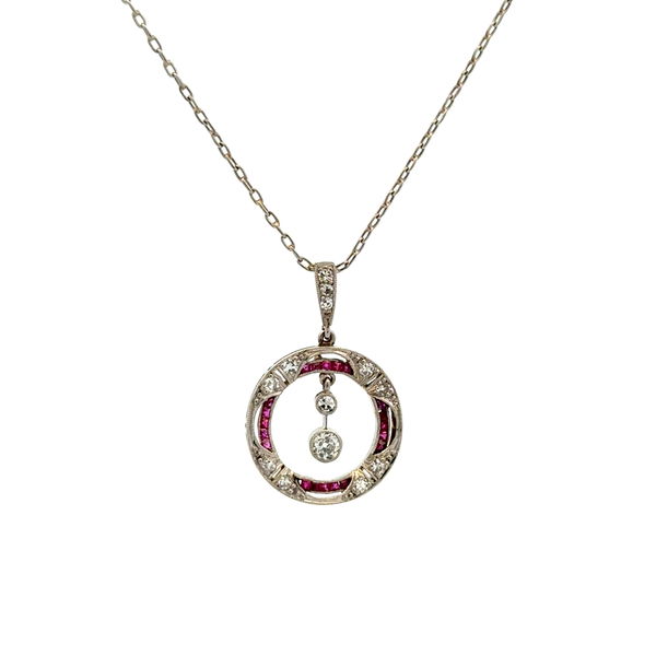 Closeup photo of Platinum on 14K Art Deco .55tcw OEC Diamond & .25tcw Ruby Drop Pendant Necklace 5.0g, 18"