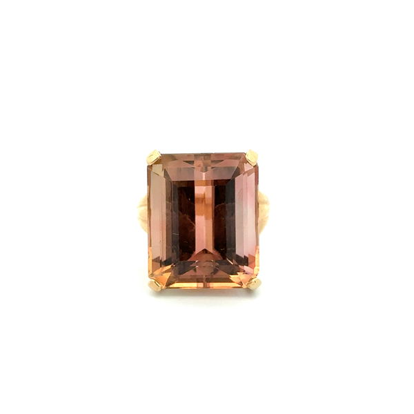 Closeup photo of 14K YG 20ct Orangy Peach Emerald Cut Tourmaline Solitaire Ring 9.9g, s6