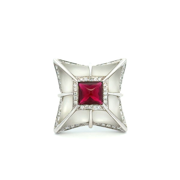 Closeup photo of 18K WG Italian 3ct Rubellite, 1.00tcw RBC Diamond & Rock Crystal Modern Brooch 23.0g