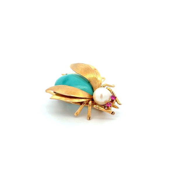 Closeup photo of 14K YG Turquoise, Pearl & Red Stone Eyes Beetle Bug Brooch 7.6g, 1.25"
