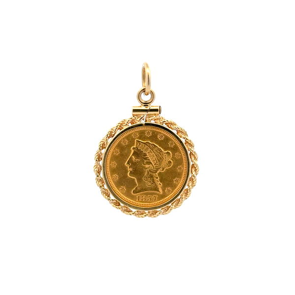 Closeup photo of 22K & 14K YG 1857 $2.5 Gold Coin with Rope Bezel Pendant 6.4g