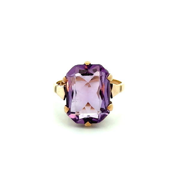 Closeup photo of 9K YG Victorian English R&W 5ct Emerald Cut Amethyst Solitaire Ring 5.7g, s8.25