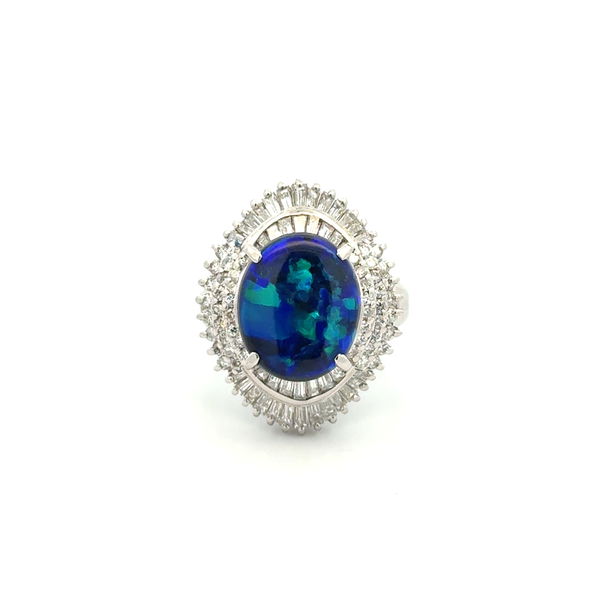 Closeup photo of Platinum 4.36ct Black Opal & 1.55tcw Baguette & RBC Diamond Double Halo Ring 13.0g, s6