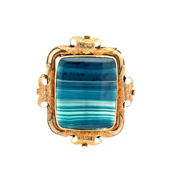Closeup photo of 15K YG Victorian Handmade Banded Blue Agate Engraved Brooch 18.6g