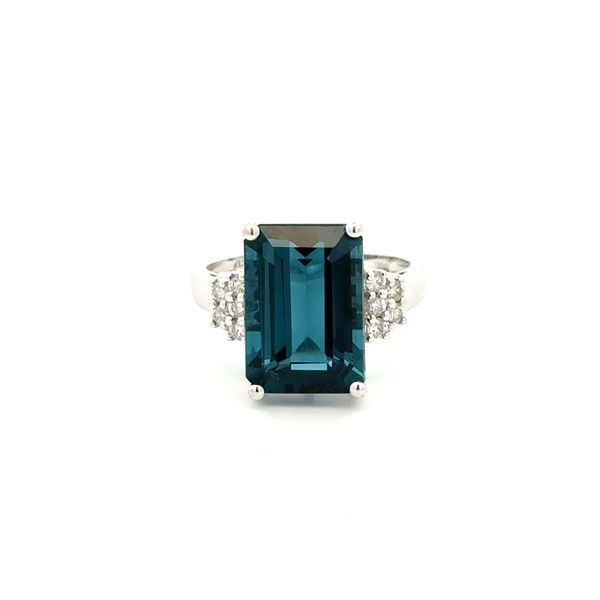 Closeup photo of 14K WG 5ct Emerald Cut London Blue Topaz & .25tcw Diamond Ring 4.8g, s7.5