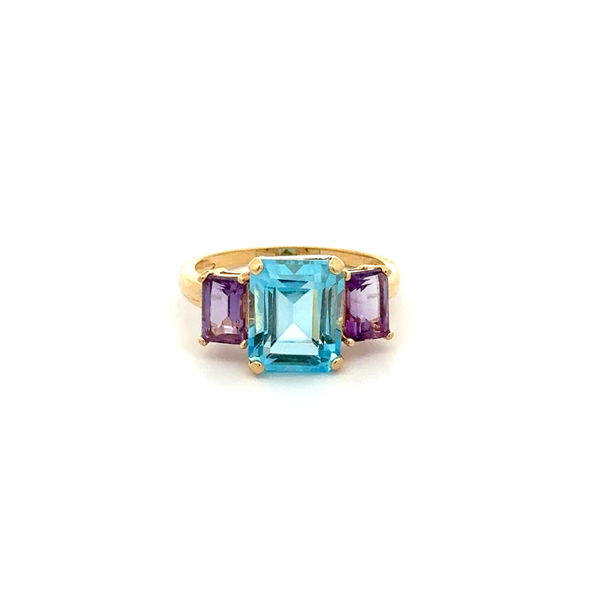 Closeup photo of 14K YG 2.50ct Emerald Cut Blue Topaz & 1.00tcw Amethyst Ring 3.6g, s7