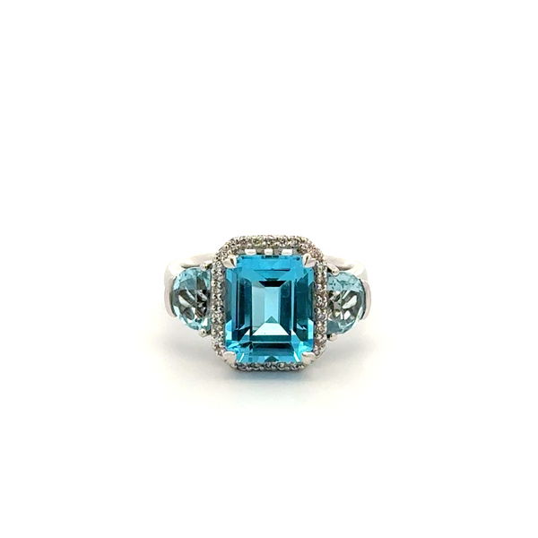 Closeup photo of 14K WG 3ct Emerald Cut Blue Topaz, .70tcw Topaz & .16tcw Diamond Ring 6.4g, s5.5