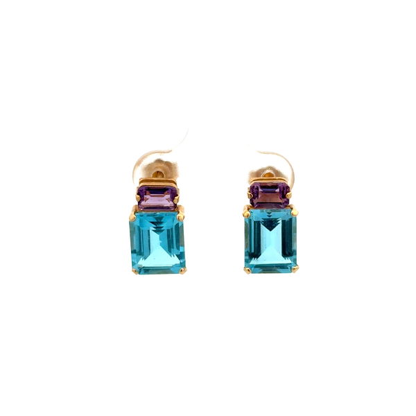 Closeup photo of 14K YG 4.50tcw Emerald Cut Blue Topaz & .80tcw Amethyst Stud Earrings 3.7g