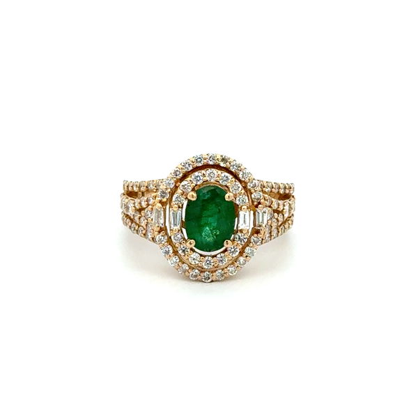Closeup photo of 14K YG EFFY .85ct Oval Emerald & 1.00tcw Diamond Double Halo Ring 6.2g, s7