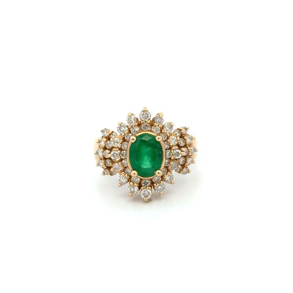 Closeup photo of 14K YG EFFY .80ct Oval Emerald & .80tcw Diamond Double Halo Ring 5.7g, s7