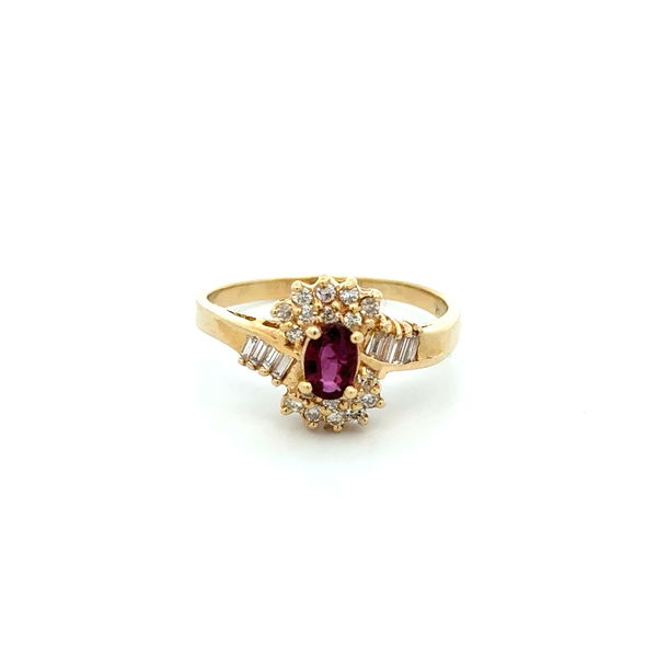 Closeup photo of 14K YG EFFY .50ct Oval Ruby & .35tcw Diamond Double Halo Ring 4.0g, s10