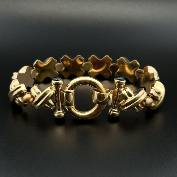 Closeup photo of 14K YG X Style Link Sapphire Hollow Bracelet 26.9g, 7.25"