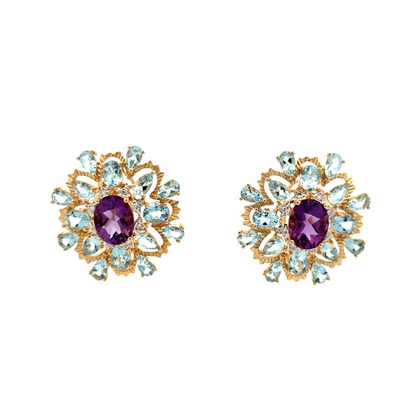 Closeup photo of 14K YG 2.50tcw Amethyst, 3.00tcw Aquamarine & .16tcw Diamond Fan Earrings French Clip 11.8g