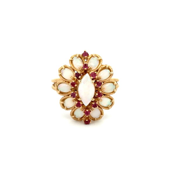Closeup photo of 14K YG 1960's 1.15tcw Opal & .20tcw Ruby Dome Ring 7.2g, s10.75