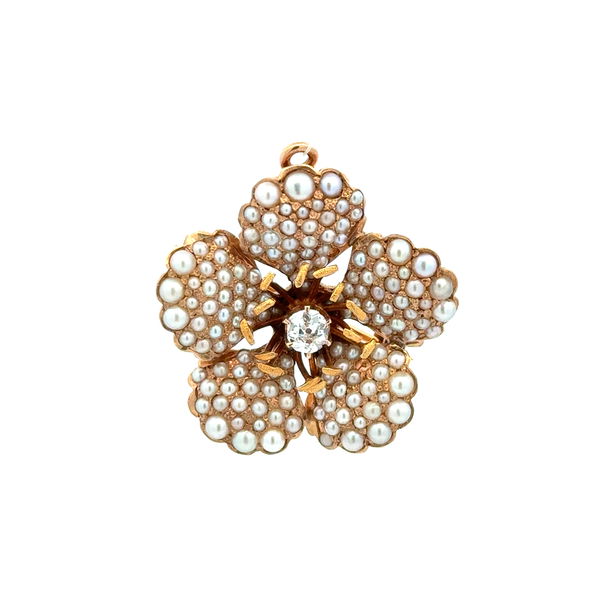 Closeup photo of 15K YG Victorian .35ct OEC Diamond & Seed Pearl 5 Petal Flower Brooch 8.7g
