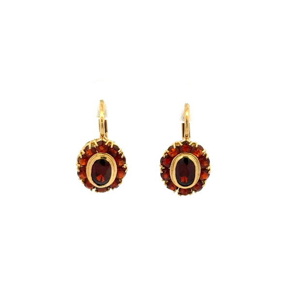 Closeup photo of 18K YG Bohemian 1.20tcw Oval Garnet Drop Clip Earrings 4.8g