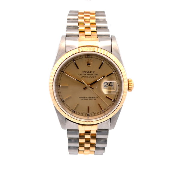 Closeup photo of ROLEX 36mm DATEJUST 16233 18K Yellow Gold & Stainless Steel Champagne Dial Watch Papers U785083, c1997