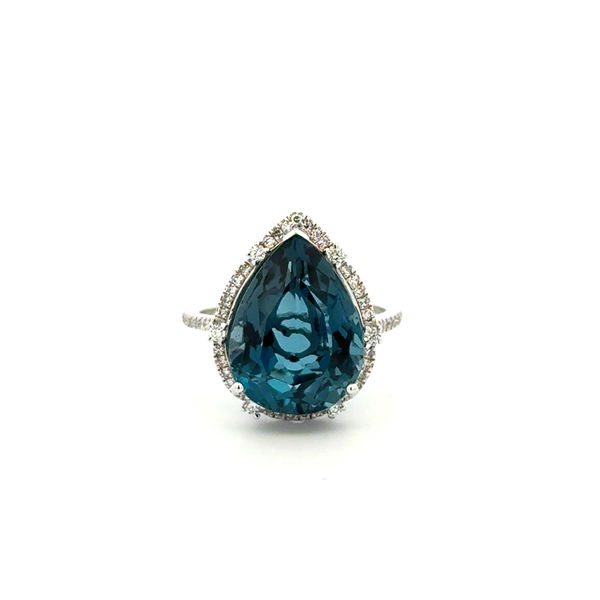 Closeup photo of 14K WG EFFY 7ct Pear London Blue Topaz & .35tcw Diamond Ring 5.7g, 6.75