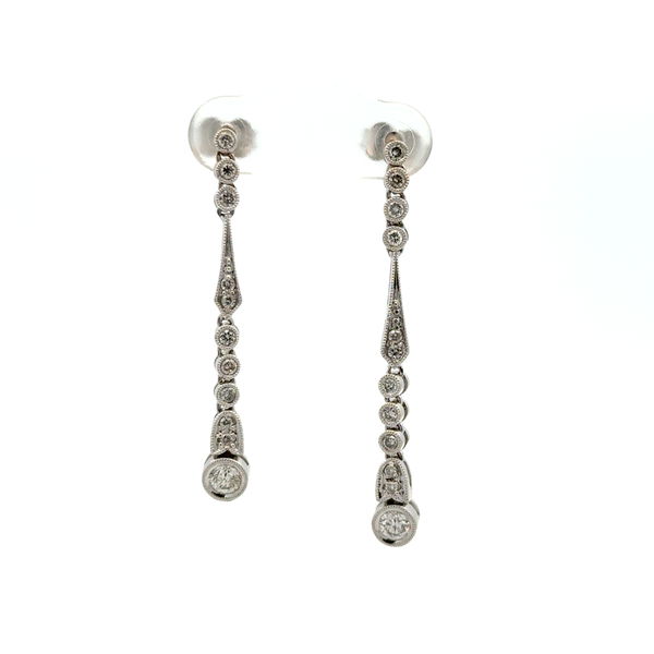 Closeup photo of 18K WG Art Deco Style .40cw Diamond Long Drop Earrings 4.6g, 1.7"