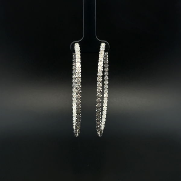 Closeup photo of 18K WG 3.05tcw RBC Diamond Inside Out Diamond Hoop Earrings 21.5g, 2.6"