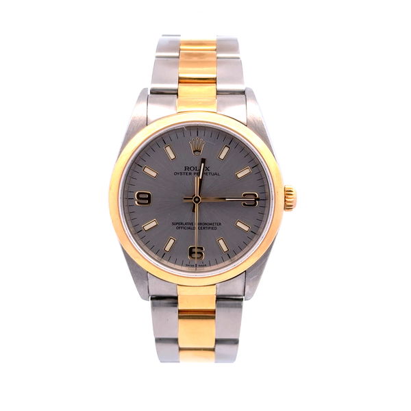 Closeup photo of Rolex 18K & SS 2tone 14203 34mm Smooth Bezel Steel Arabic Dial Oyster Bracelet, B&P c2005 Y254887