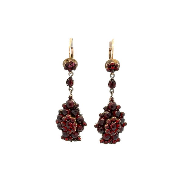 Closeup photo of 14K YG Victorian Bohemian Garnet Drop Earrings 6.9g, 1.7"