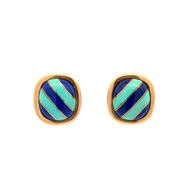 Closeup photo of 14K YG Turquoise & Lapis Striped Earrings French Clip Backs 13.1g,