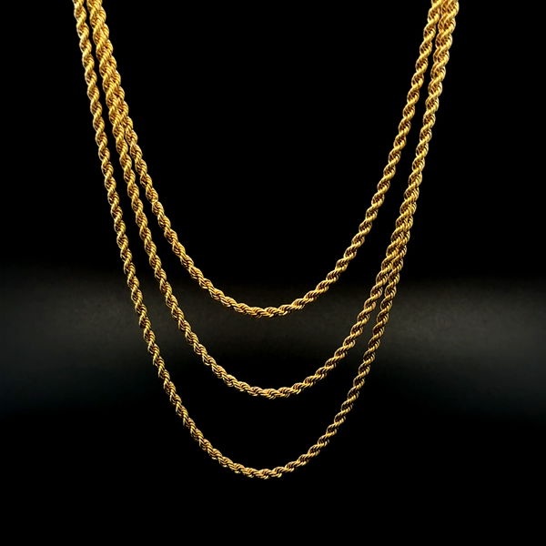 Closeup photo of 14K YG Triple Strand Twisted Rope Chain Necklace 7.6g, 16"