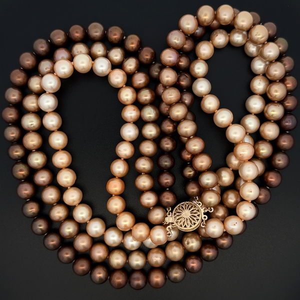 Closeup photo of 14K YW Triple Strand 8.5mm Brown, Champagne & Cream Pearl Necklace 133.0g, 17"