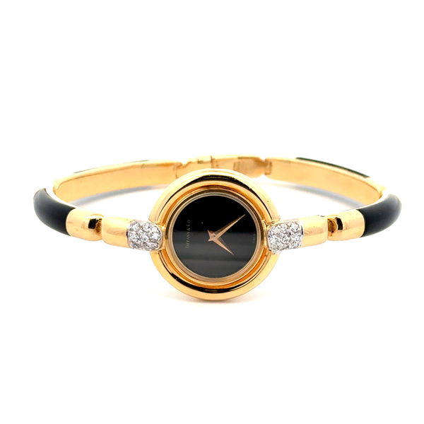 Closeup photo of 18K YG Tiffany & CO Chopard Onyx & .20tcw Diamond Quartz Watch 45.7g, 7" G3023 1 403887 811