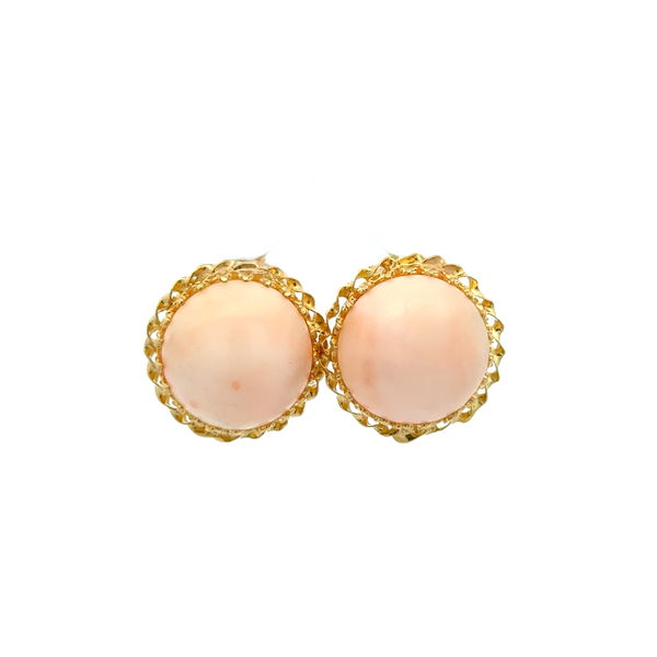 Closeup photo of 14K YG Round Angelskin Coral 17mm Prong Set Earrings 9.8g