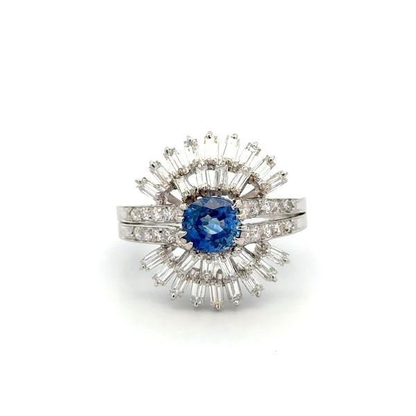 Closeup photo of Platinum Vintage 1.00ct Cushion Sapphire & 1.00tcw Baguette & RBC Diamond Ring 7.8g, s
