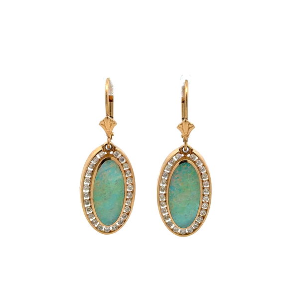 Closeup photo of 14K YG Oval Black Opal Doublet & .48tcw RBC Diamond Drop Earrings 7.0g, 1.25”