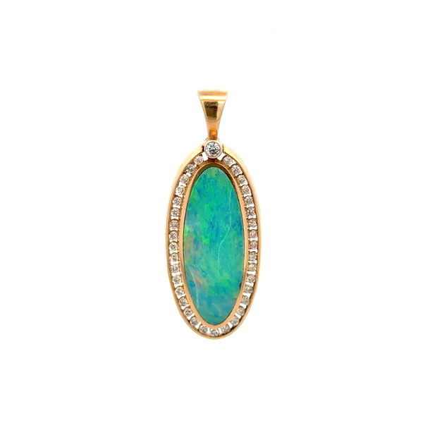 Closeup photo of 14K YG Oval Black Opal Doublet & ..40tcw RBC Diamond Drop Pendant 6.6g, 1.55”: