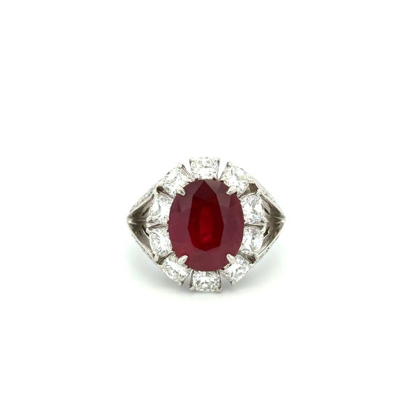 Closeup photo of Platinum 5.41ct Oval Burma Ruby AGL & 3.80tcw Cushion & RBC Diamond Ring 13.6g, s7